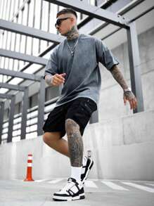 Men Solid Color Drop Shoulder Casual T-Shirt - Dusty Purple - View 3