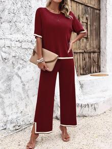 Women's Fashion Knitted Short Sleeve Set - Burgundy - View 5
