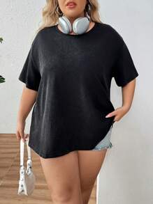 SHEIN CURVE+ Plus Size Acid Washed Retro Knitted Loose Short Sleeve T-Shirt - Dark Grey - View 7