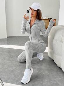 SHEIN EZwear 春季服裝，拉鍊式肋針針織全身緊身連身褲 - 淺灰色 - 查看 6