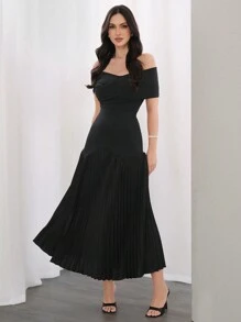 Modelyn 女式露肩褶皱上衣和百褶裙 2 件套 2 件套 - 黑色 - 查看 4