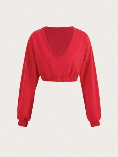 SHEIN Unity 女士性感露脐深V领长袖套头卫衣秋季卫衣