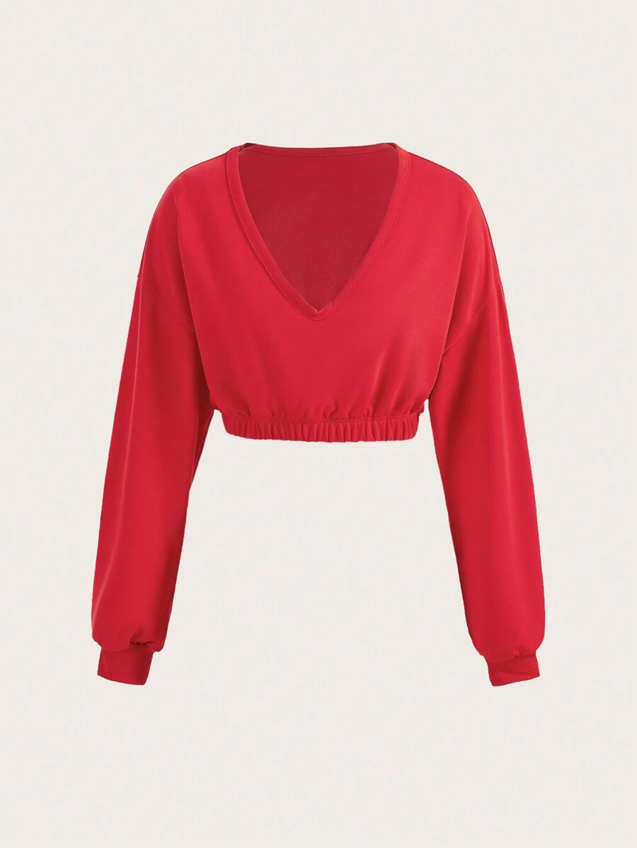 SHEIN Unity Sudadera de mujer sexy de cuello en V profundo, de manga larga y corta para el otoño - Rojo - Ver 1