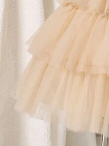 Girls' Princess Dress For Kids, Perfect For Wedding, Piano Performance, Or Birthday Gift, Summer Sleeveless Cake Skirt With 3D Waist Belt Flower - Champagne - View 4