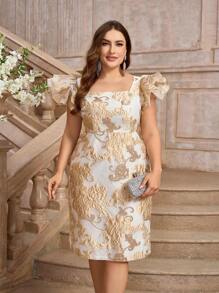 SHEIN Belle 大码提花 3D 荷叶边袖优雅鸡尾酒会礼服舞会半正式婚礼宾客礼服，适合生日、毕业典礼、晚宴、返校节 - 杏色 - 查看 5