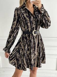 Allover Print Long Sleeve Pleated Shirt Collar Dress, Casual & Holiday Style