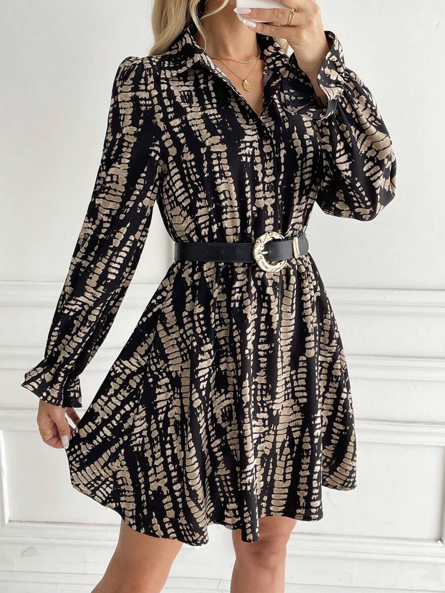 Allover Print Long Sleeve Pleated Shirt Collar Dress, Casual & Holiday Style