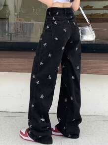 DAZY Bow Print Zipper Fly Wide Leg Jeans