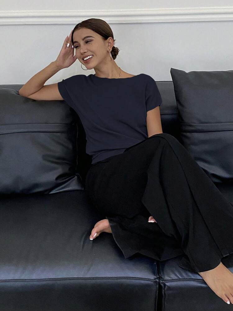 Solid Color Slim Fit Open Shoulder Short Sleeve Knit Top For Women Summer