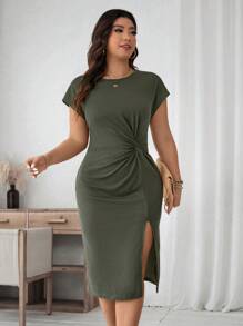 SHEIN LUNE Plus Twist Front Split Thigh Dress - Green - View 4