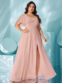 UNITHORSE Plus Size V-Neck Flounce Sleeve Chiffon Dress With Back Bow Tie, Elegant And Stylish, Split Design For Elongating Legs, Graceful And Dynamic Evening Dress Bridesmaid Dress