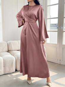Modelyn Ladies' Solid Color Simple Daily Long Sleeve Dress Long Evening Dresses - Dusty Pink - View 5