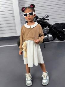 SHEIN Girls Spring And Autumn Two-Piece Casual Simple Knitted Jacquard Moon Bay Fabric Solid Color Long Sleeve V-Neck Top T-Shirt + Woven White Lapel Collar Tank Dress  Elegant Princess Dress A-Swing Skirt