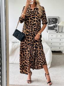 EMERY ROSE Vestido camisero largo con estampado de leopardo, cuello, manga larga y abertura frontal, atuendo de mujer maxi - Marrón - Ver 5
