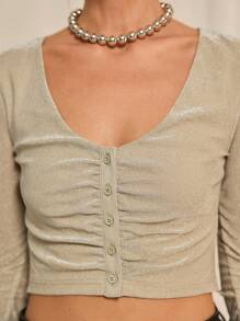 SHEINNeu Button Front Flounce Sleeve Crop Tee,Crop Women Tops,Fall Women Clothes - Apricot - View 6