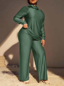 Swim Mulvari Summer Beach Plus Size Hooded Long Sleeve Funnel Neck Sweatshirt With Raglan Sleeve And Pants Tankini Swimwear Set, Burkini Bathing Suit Beach Outfit Modest Arabic Clothing