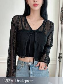 Dazy Designer 女款露肩長袖透視上衣，前綁帶和短版設計 - 黑色 - 查看 1