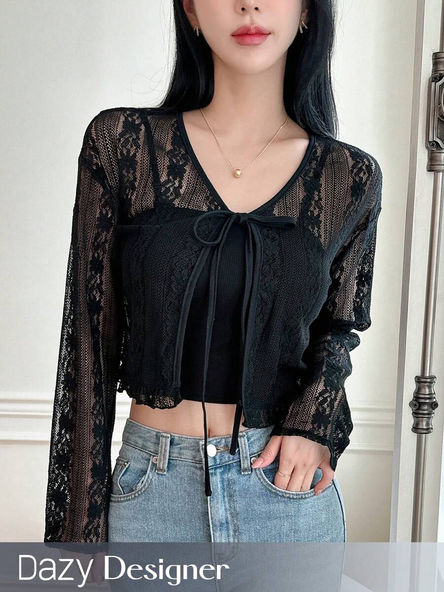 Dazy Designer 女款露肩長袖透視上衣，前綁帶和短版設計 - 黑色 - 查看 1
