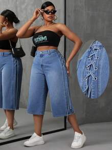 SHEIN SXY Quần Capri denim cạp cao cỡ lớn có dây buộc bên hông - Rửa trung bình - Xem 1