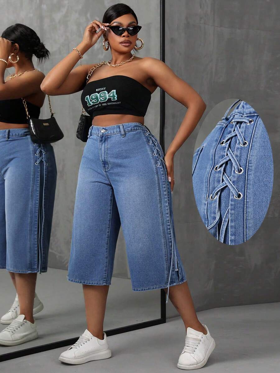 SHEIN SXY Quần Capri denim cạp cao cỡ lớn có dây buộc bên hông - Rửa trung bình - Xem 1