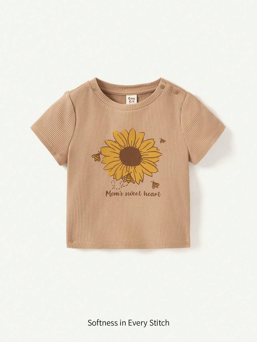 Cozy Pixies 嬰兒女童針織質地花紋短袖圓領T恤上衣