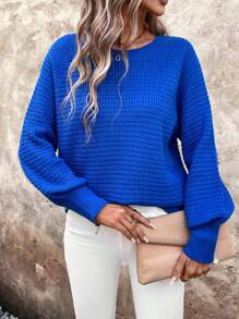 SHEIN LUNE 女士灯笼袖圆领长袖宽松休闲时尚毛衣，长袖上衣秋冬克莱因蓝色毛衣 - 寶藍色 - 查看 5