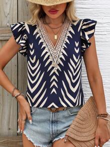 INAWLY Women's Contrast Color Lace Patchwork Shirt With Ruffle V-Neckline - Blue - View 6