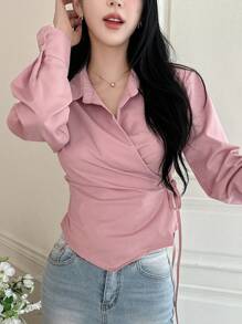 DAZY 純色交叉前系腰長袖女襯衫 - 粉色 - 查看 1