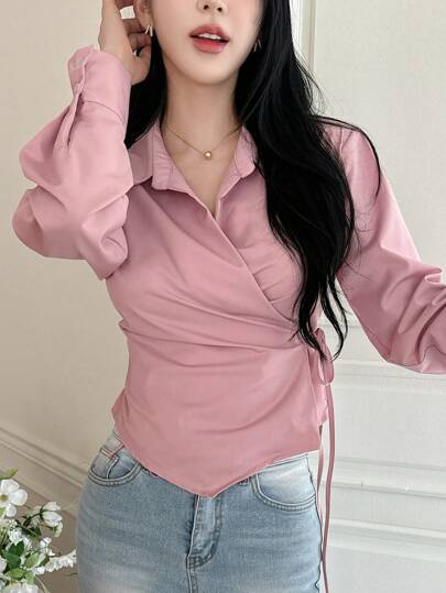 DAZY 純色交叉前系腰長袖女襯衫