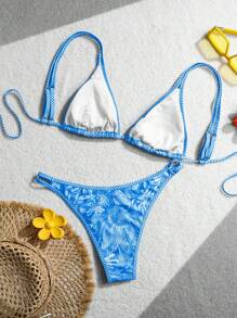 SHEIN Swim 女士夏季海濱棕櫚樹印花性感比基尼套裝（隨機印花）