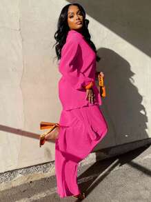 2pcs Women's Fashionable Pleated Shirt And Comfortable Wide-Leg Pants Set, Casual, Ladies Spring/Fall Casual Pocket, Zipper Long Sleeve Loose Blouse Pants Women Two-Piece Outfits, Casual Daily Wear - 西瓜粉 - 查看 3