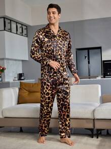 Men's Leopard Printed Elastic Long Sleeve Top & Long Pants Pajama Set, Fall Clothes - Multicolor - View 6