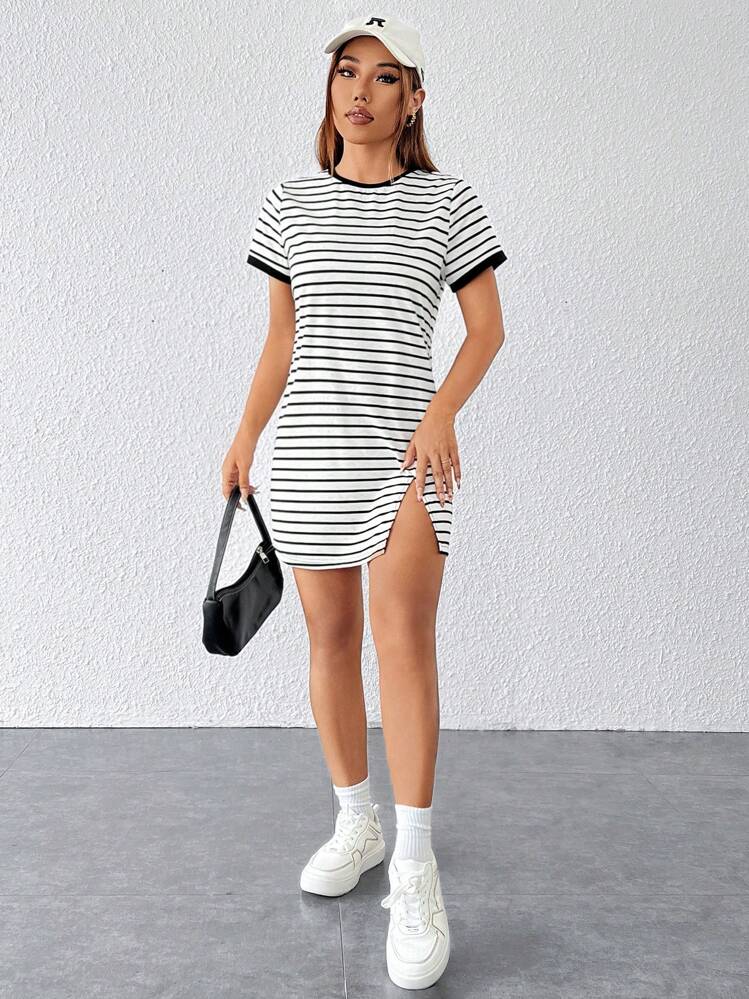 SHEIN PETITE Striped And Floral Printed Colorblock Hem T-Shirt Dress