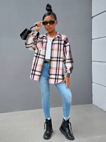 SHEIN Leap Crew Tween Girls' Casual Woven Plaid Long Sleeve Shirt Top Jacket, Fall & Winter - Green - View 6