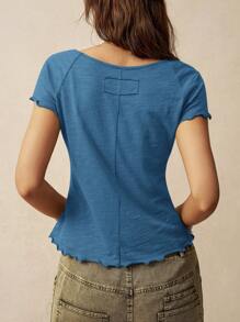 Bohemela 女式V領純色短袖休閒T恤，適用於假期 - 藏蓝色 - 查看 2