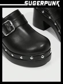Sugerpunk 女士时尚厚底纯色黑色穆勒鞋，带扣装饰高跟鞋，夏季 Y2k 朋克潮流酷街头运动圣诞哥特式秋季新年假期 - 黑色 - 查看 4