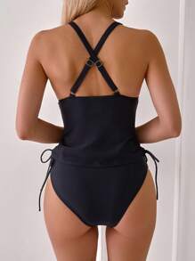 Women's Solid Color Basic Tummy Control Tankini Set Black Bathing Suits For Summer Beach - Black - View 2