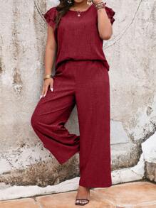 SHEIN Unity Conjunto de dos piezas de talla grande para mujer, sencillo y diario, con camiseta de manga corta y pantalones largos lisos - Burdeos - Ver 5