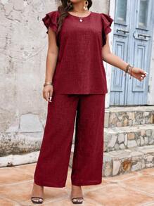 SHEIN Unity Conjunto de dos piezas de talla grande para mujer, sencillo y diario, con camiseta de manga corta y pantalones largos lisos - Burdeos - Ver 7