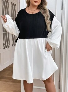 SHEIN CURVE+ Đường cong Plus Quần áo phụ nữ mùa thu Hai tông màu Tay áo đèn lồng Nút thắt bên Váy 2 trong 1 Quần áo công sở Đi chơi Trang phục giáo viên - Đen và trắng - Xem 4