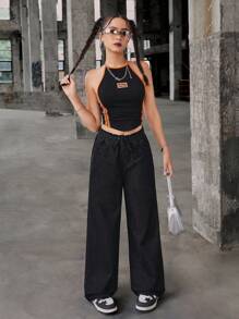 SHEIN Teen Girl Drawstring High Waist Slant Pocket Loose Fit Summer Jeans Wide Leg Denim Pants Grey Washed Baggy Jeans - Black - View 4