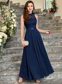 MIUSOL Halter Neck Lace Pleated Hem Chiffon Formal Party Dress