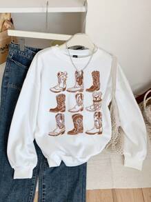 SHEIN EZwear Sweat-shirt décontracté à manches longues et col rond avec silhouette simple et ample pour grande taille, automne/hiver