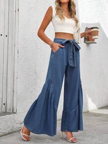 SHEIN Essnce Solid Color Belted Wide Leg Jeans, Casual - Dark Wash - View 6