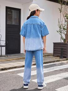 TWEEN BOY Street Cool Drop-Shoulder Gradient Washed Denim Shirt & Elastic Waist Ripped Jeans Set - Multicolor - View 2