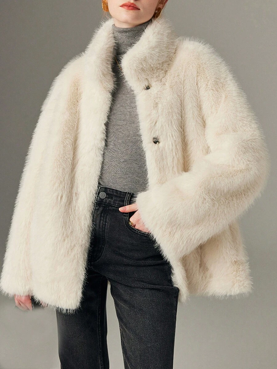 Solid Drop Shoulder Fuzzy Coat For Winter Dailywear - Beige - View 1