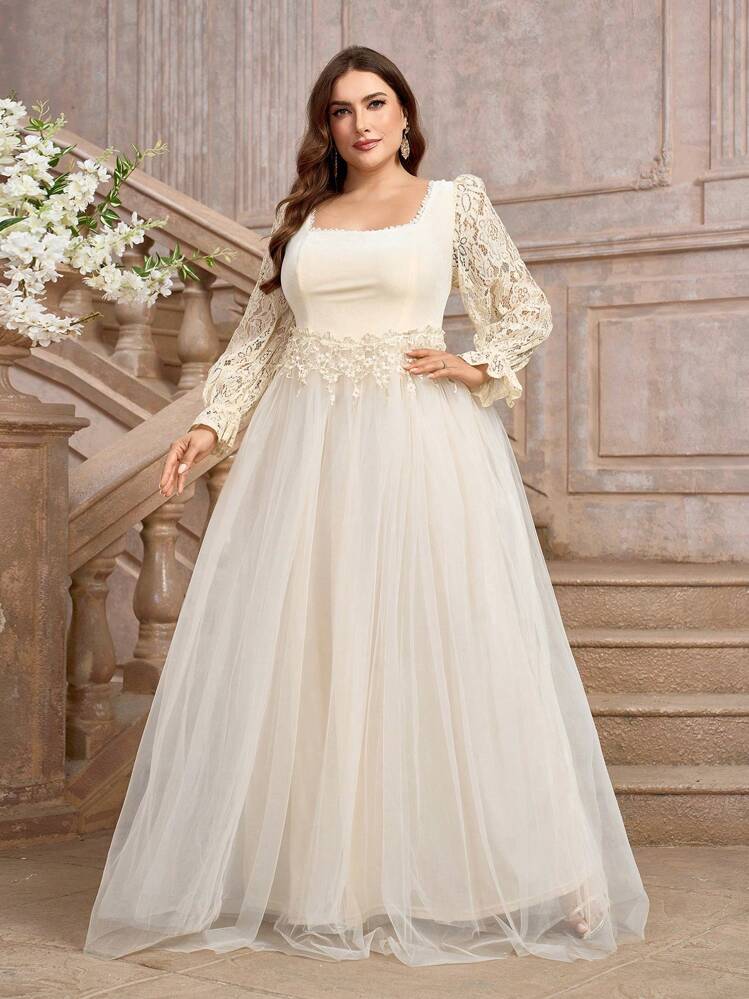 SHEIN Belle فستان زفاف برقبة عالية أنيقة وبأكمام طويلة للعرائس بالإضافة إلى مقاسات كبيرة، بتطريز دانتيل وشبكي - بيج - مشاهدة 4