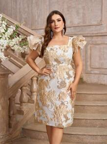 SHEIN Belle 大码提花 3D 荷叶边袖优雅鸡尾酒会礼服舞会半正式婚礼宾客礼服，适合生日、毕业典礼、晚宴、返校节 - 杏色 - 查看 8