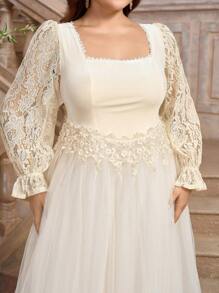 SHEIN Belle Vestido de novia elegante de manga larga y talla grande con encaje y malla de contraste - Beis - Ver 7