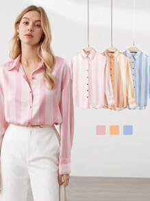 BizChic Women's Vertical Striped Long Sleeve Button-Up Shirt, Urban Commute Office Business Casual Elegant Formal Blouse - Multicolor - View 9